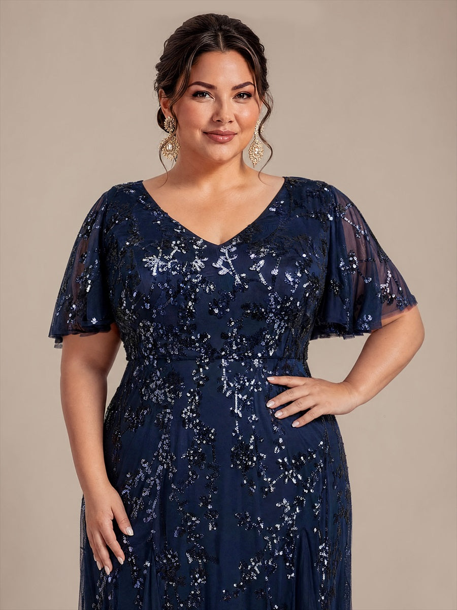 Plus Size Tiered Tulle Sequins Evening Dress #color_Navy Blue