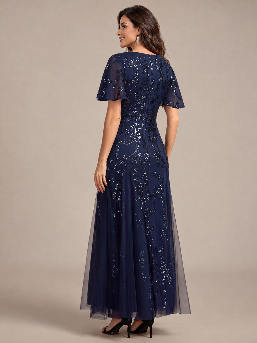 Tiered Tulle Sequins Ruffle Sleeve Evening Dress #color_Navy Blue