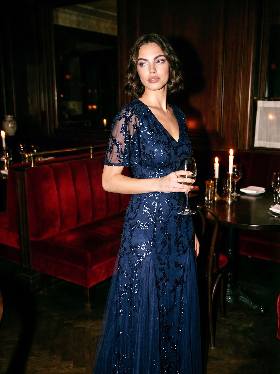 Tiered Tulle Sequins Ruffle Sleeve Evening Dress #color_Navy Blue