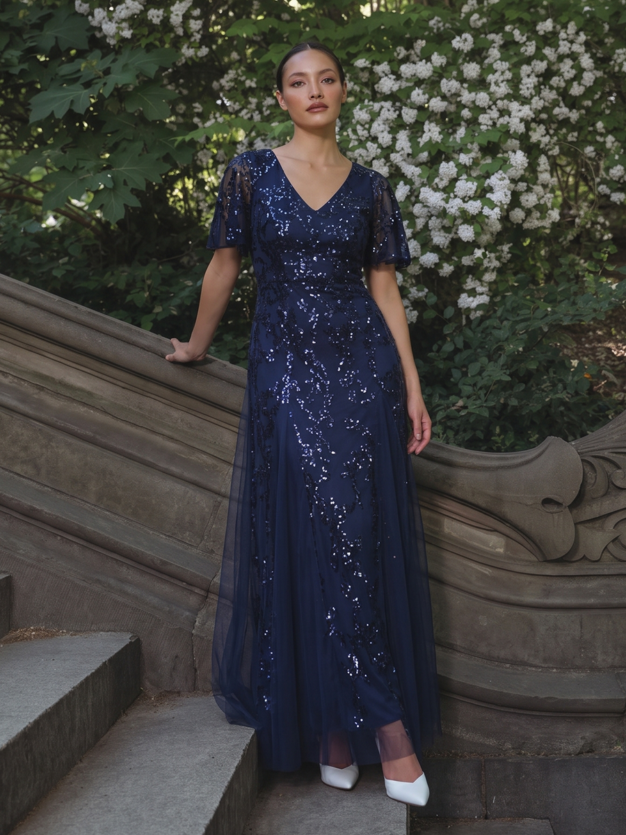 Tiered Tulle Sequins Ruffle Sleeve Evening Dress #color_Navy Blue