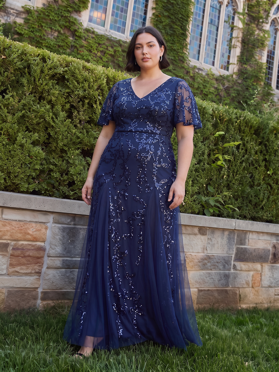 Tiered Tulle Sequins Ruffle Sleeve Evening Dress #color_Navy Blue