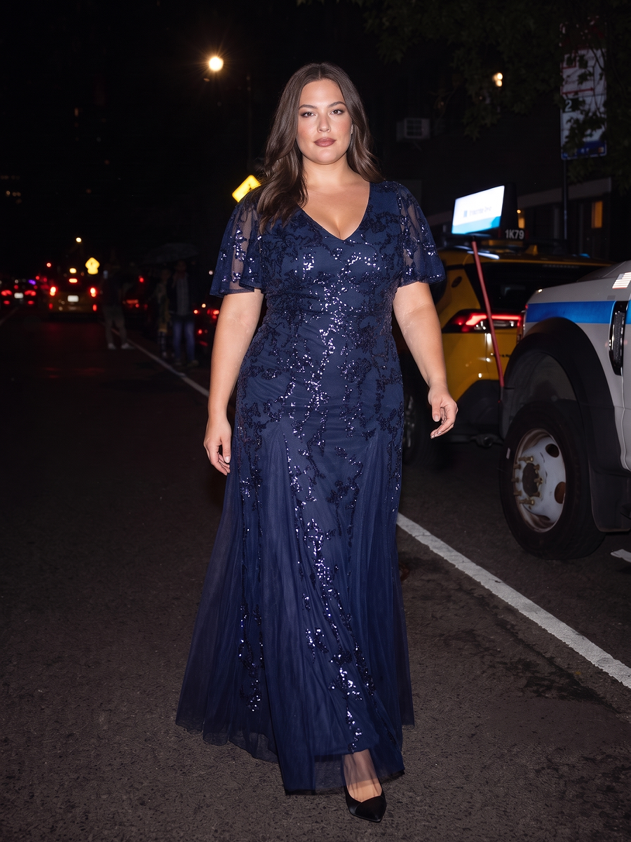 Tiered Tulle Sequins Ruffle Sleeve Evening Dress #color_Navy Blue