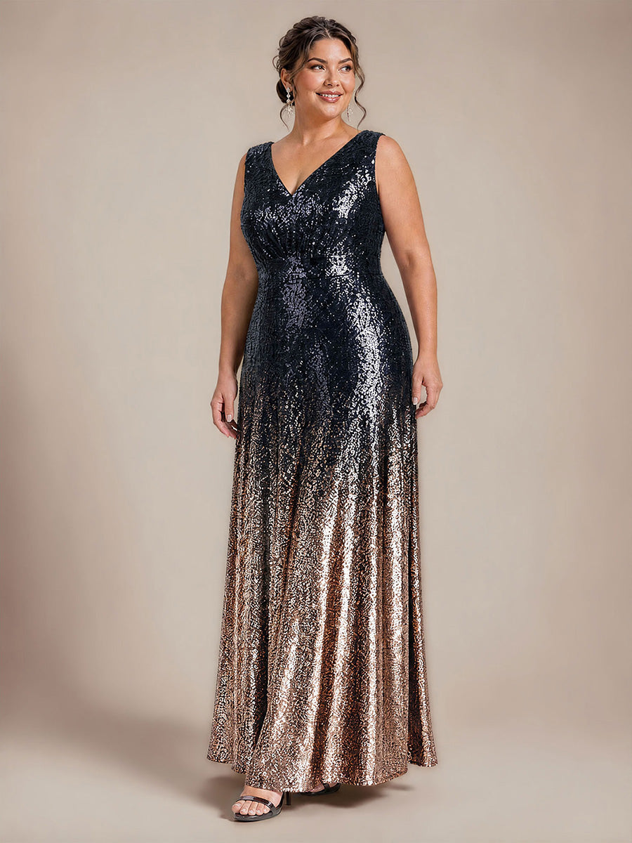 Plus Size Ombr¨¦ Sequins Sleeveless Evening Dress #color_Navy Champagne