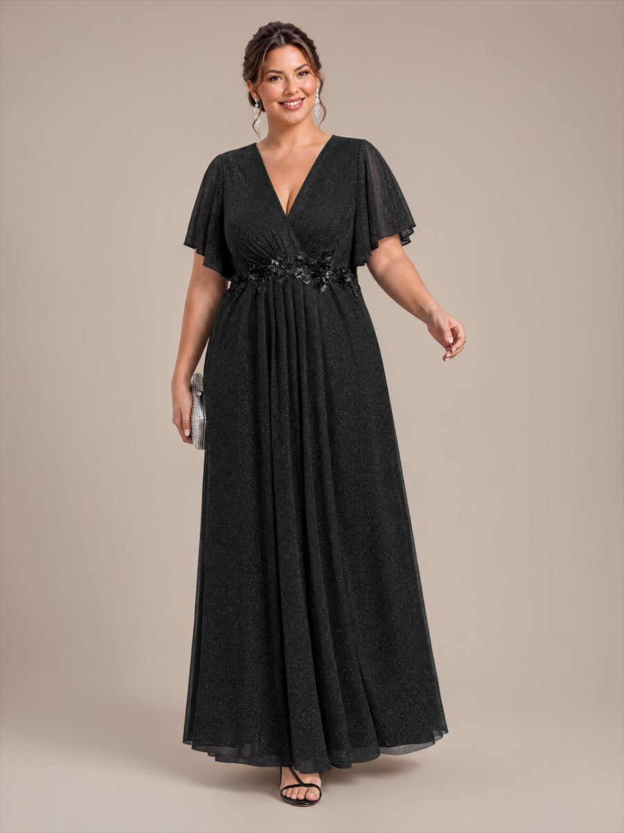 Pleating Lurex Mesh Ruffle Sleeve Evening Dress #color_Black