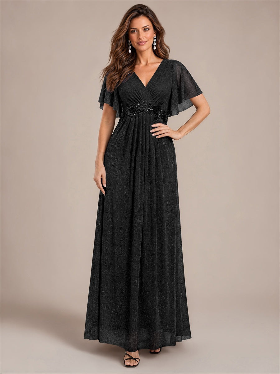Pleating Lurex Mesh Ruffle Sleeve Evening Dress #color_Black