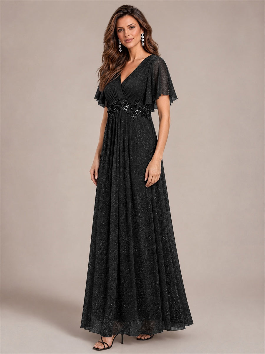 Pleating Lurex Mesh Ruffle Sleeve Evening Dress #color_Black