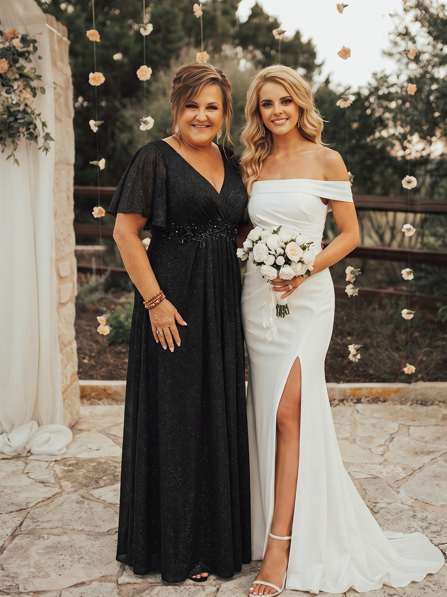 Plus Size Pleating Lurex Mesh Evening Dress #color_Black