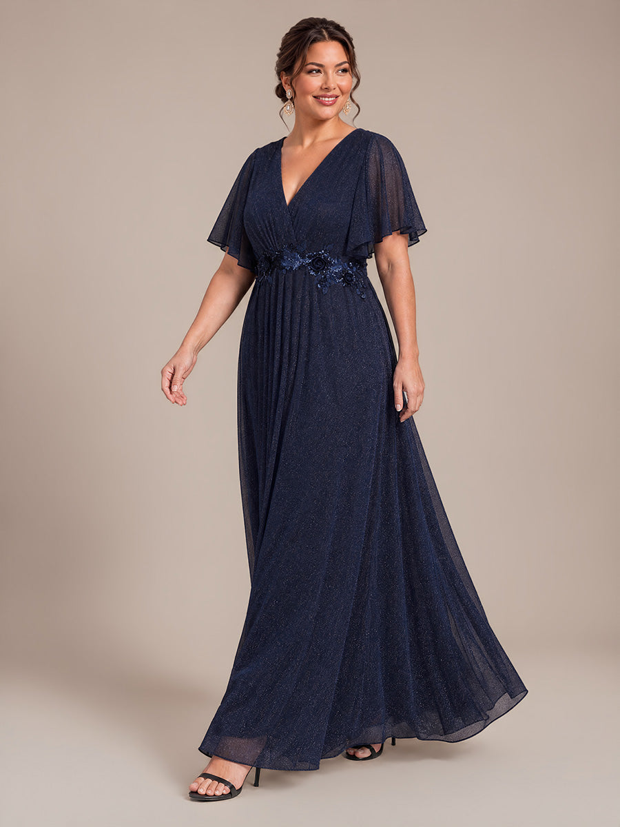 Plus Size Pleating Lurex Mesh Evening Dress #color_Navy Blue