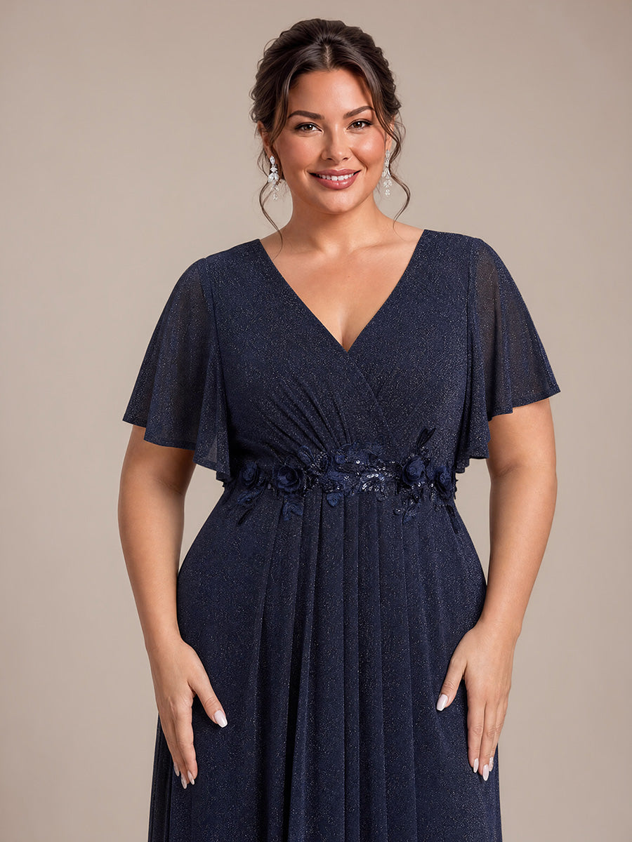 Plus Size Pleating Lurex Mesh Evening Dress #color_Navy Blue