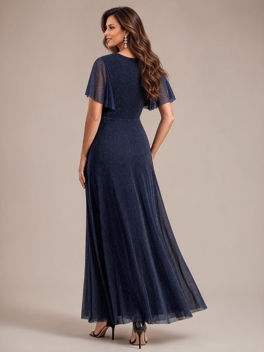 Pleating Lurex Mesh Ruffle Sleeve Evening Dress #color_Navy Blue