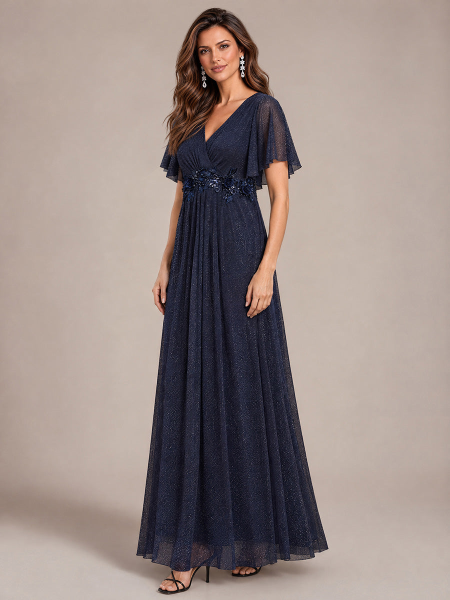 Pleating Lurex Mesh Ruffle Sleeve Evening Dress #color_Navy Blue