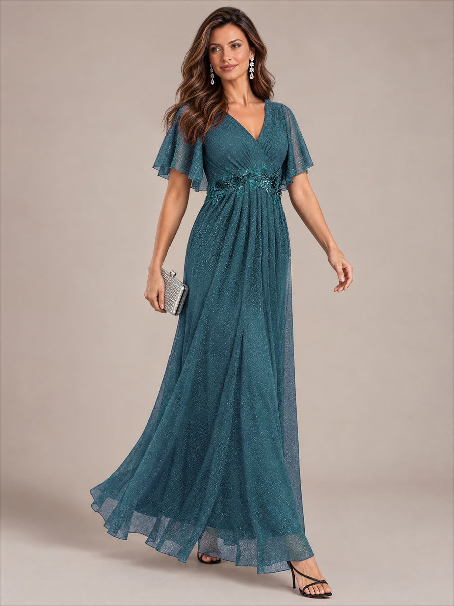 Pleating Lurex Mesh Ruffle Sleeve Evening Dress #color_Teal Blue