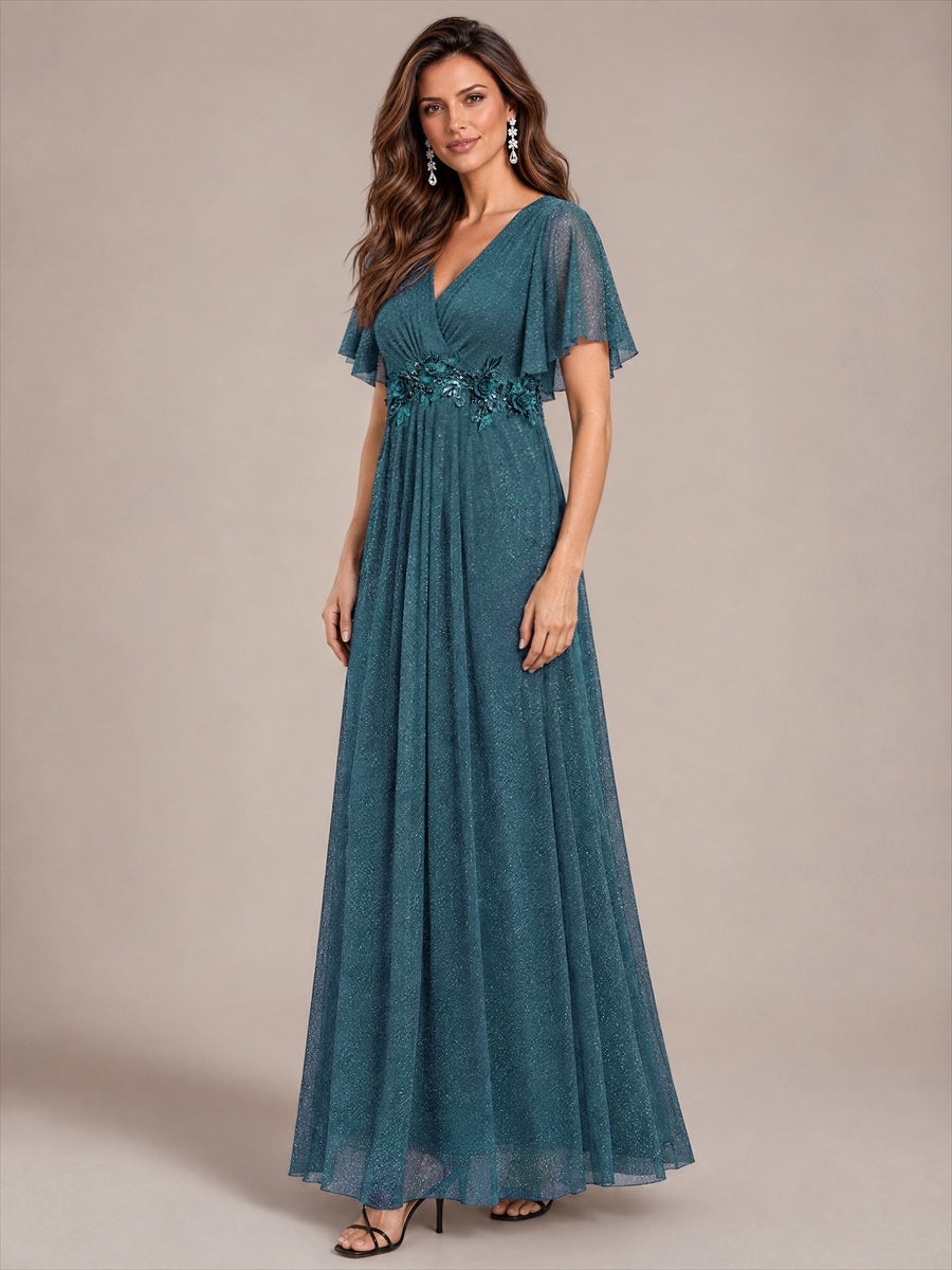 Pleating Lurex Mesh Ruffle Sleeve Evening Dress #color_Teal Blue