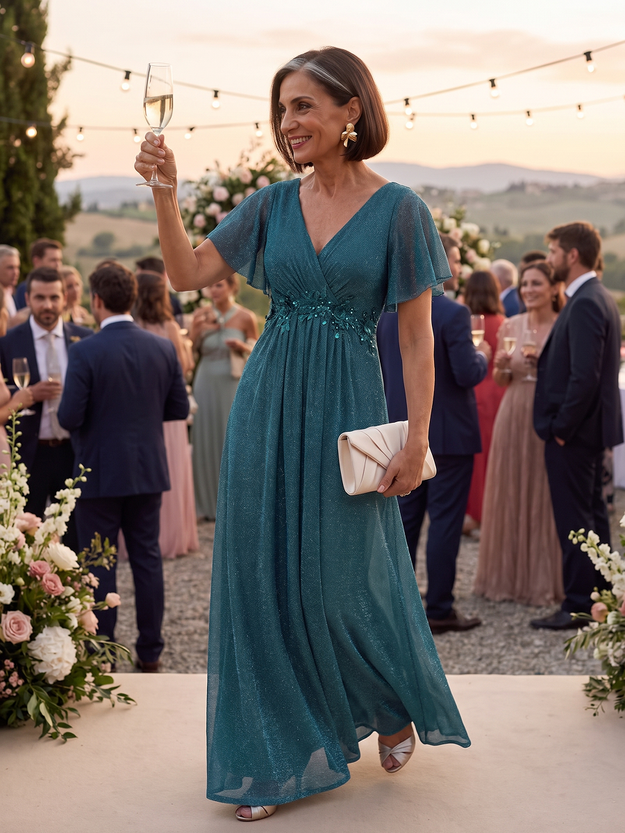 Pleating Lurex Mesh Ruffle Sleeve Evening Dress #color_Teal Blue
