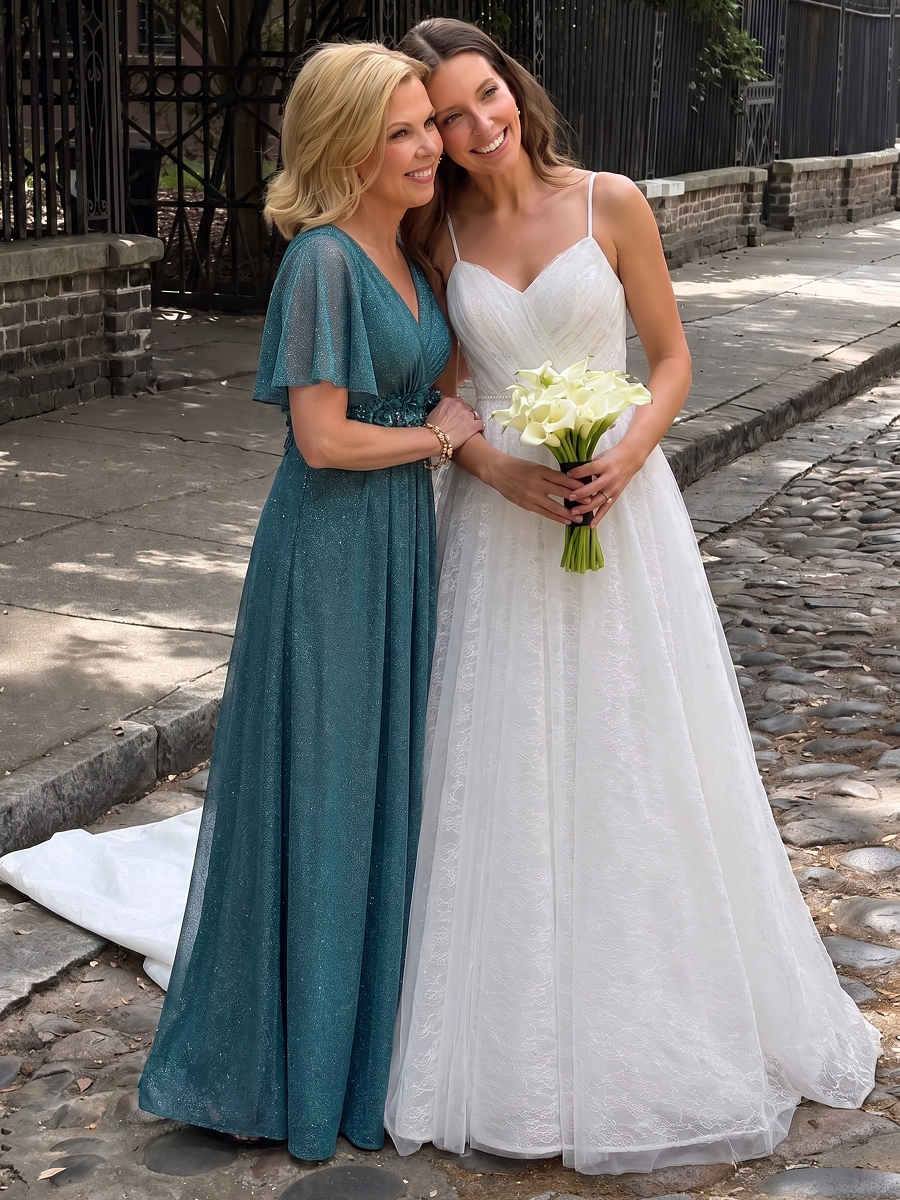 Pleating Lurex Mesh Ruffle Sleeve Evening Dress #color_Teal Blue