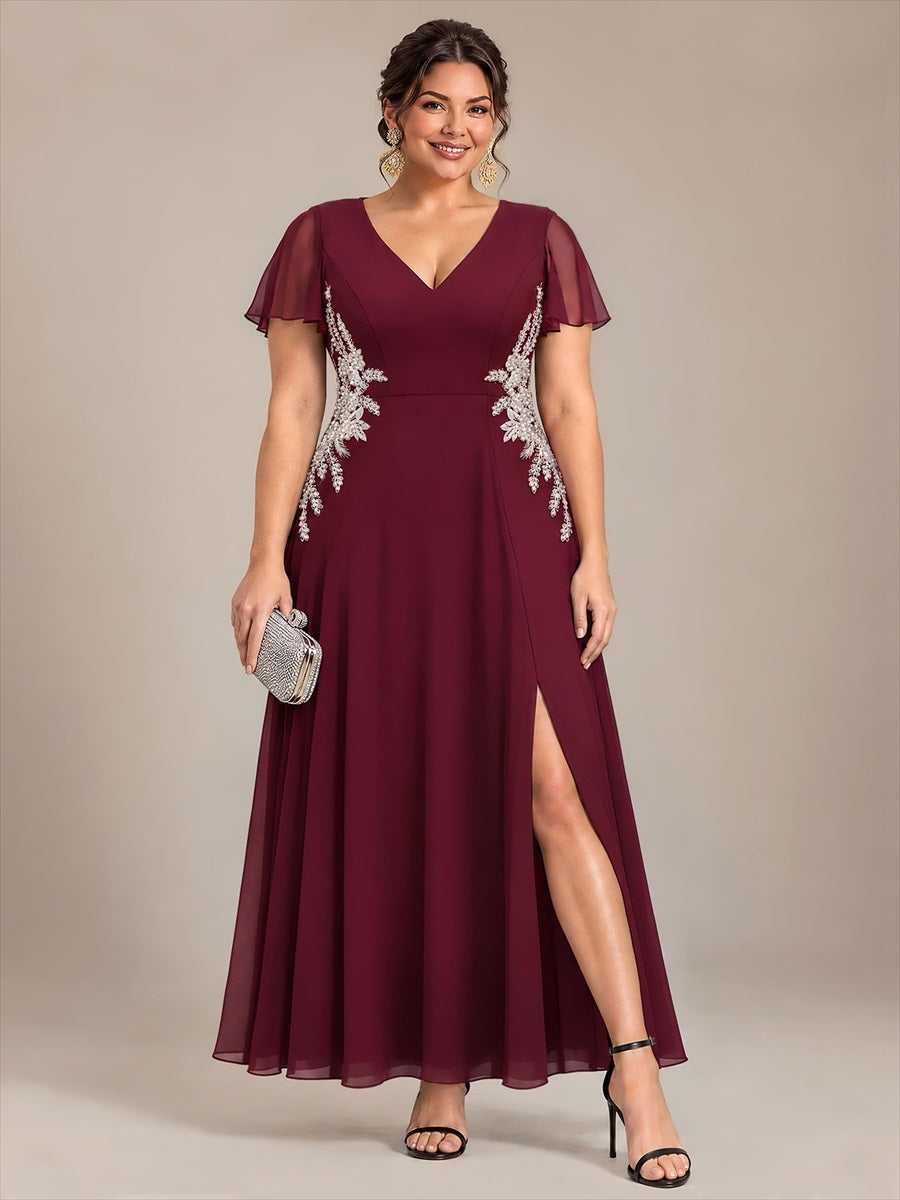 Plus Size Beading Chiffon Evening Dress #color_Burgundy