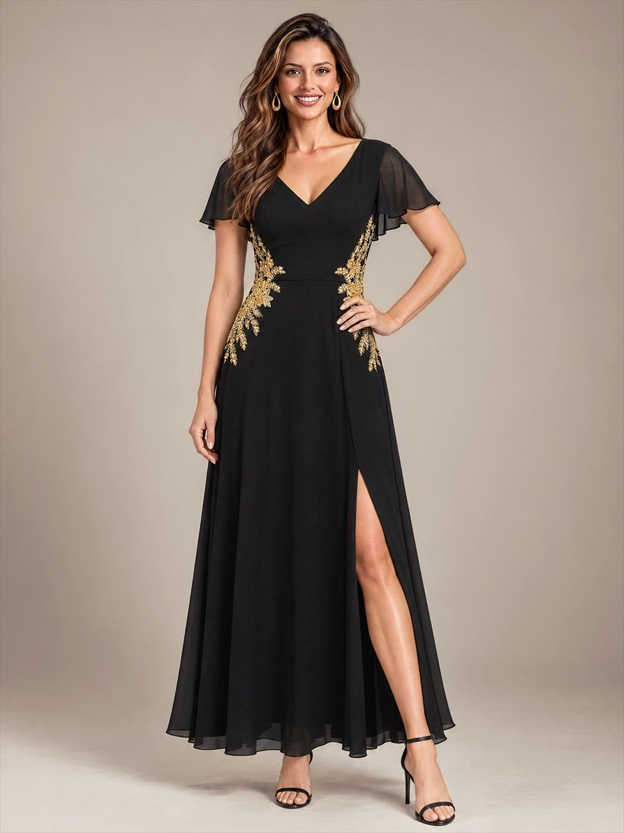 Beading Chiffon Ruffle Sleeve Evening Dress #color_Black