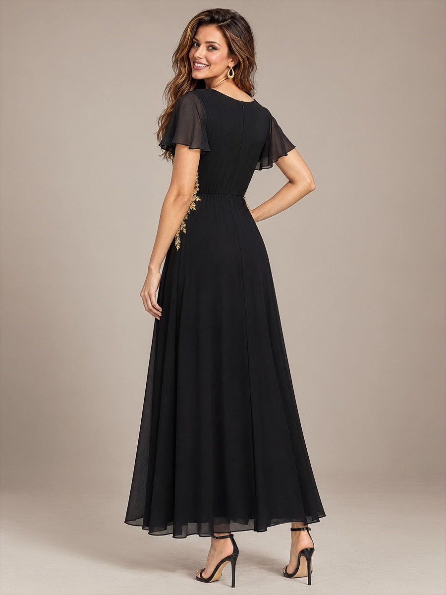 Beading Chiffon Ruffle Sleeve Evening Dress #color_Black