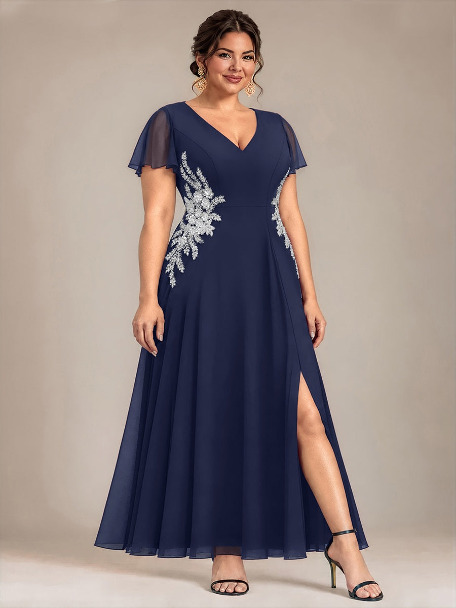 Plus Size Beading Chiffon Evening Dress #color_Navy Blue