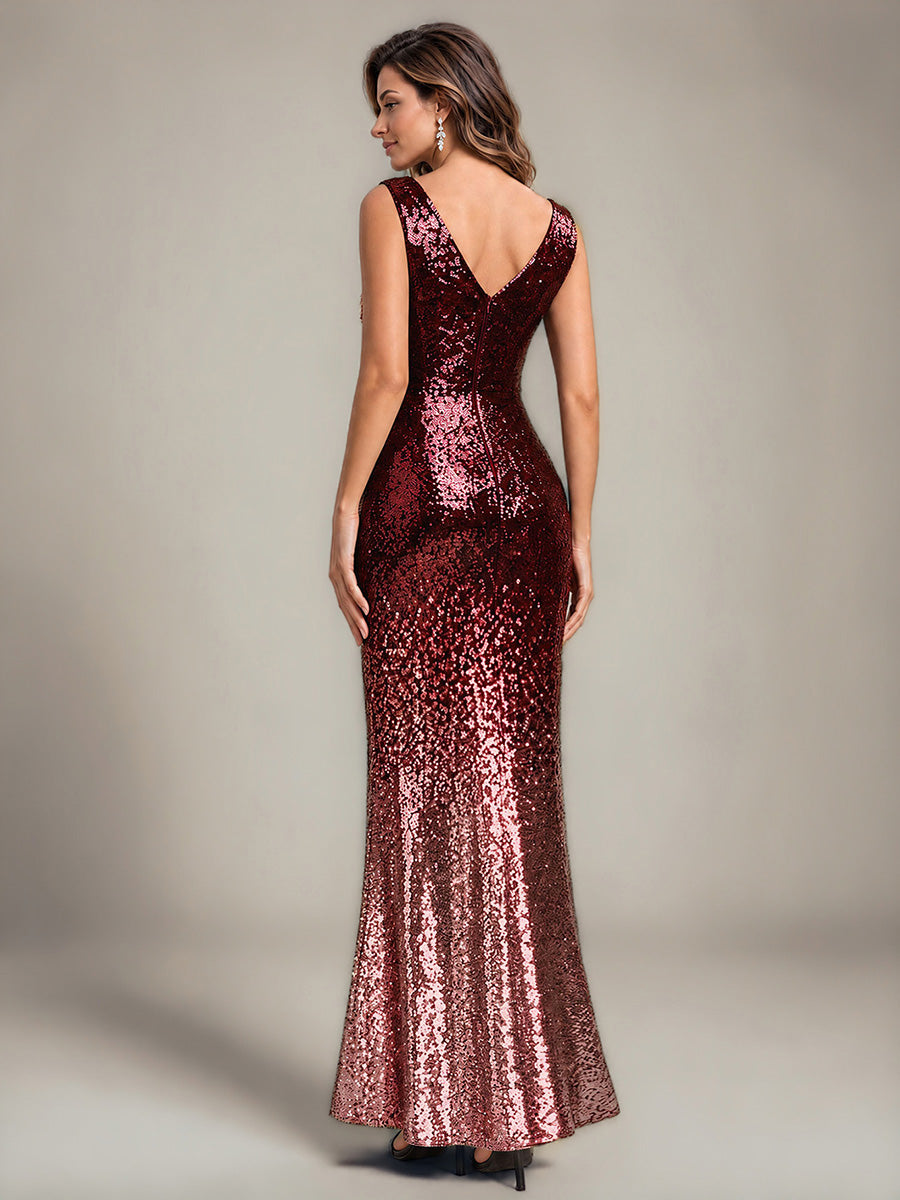 Ombr¨¦ Sequins Mermaid Sleeveless Evening Dress #color_Burgundy Pink