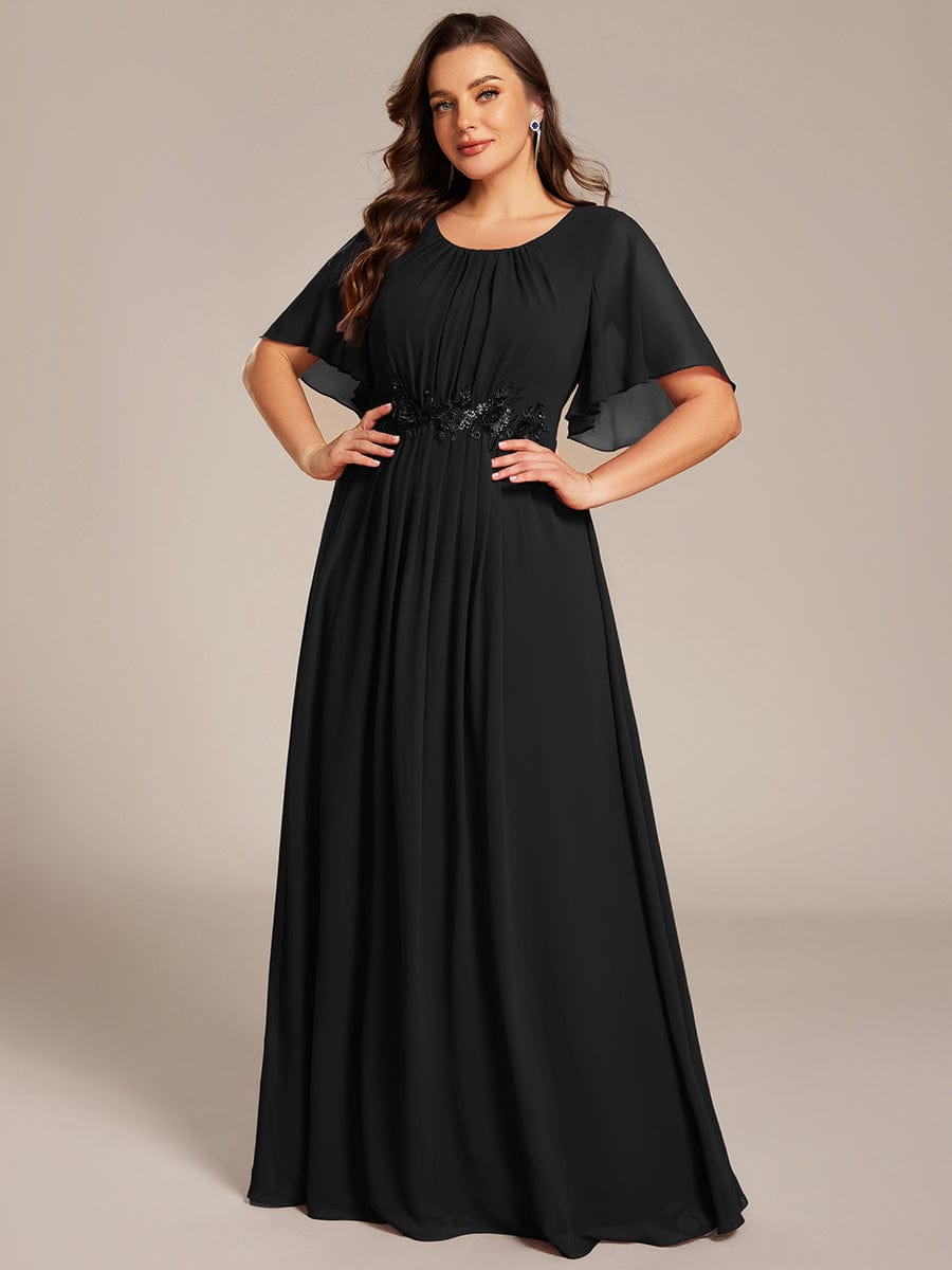 Plus Size Pleated Waist Applique Chiffon Maxi Formal Dress #color_Black