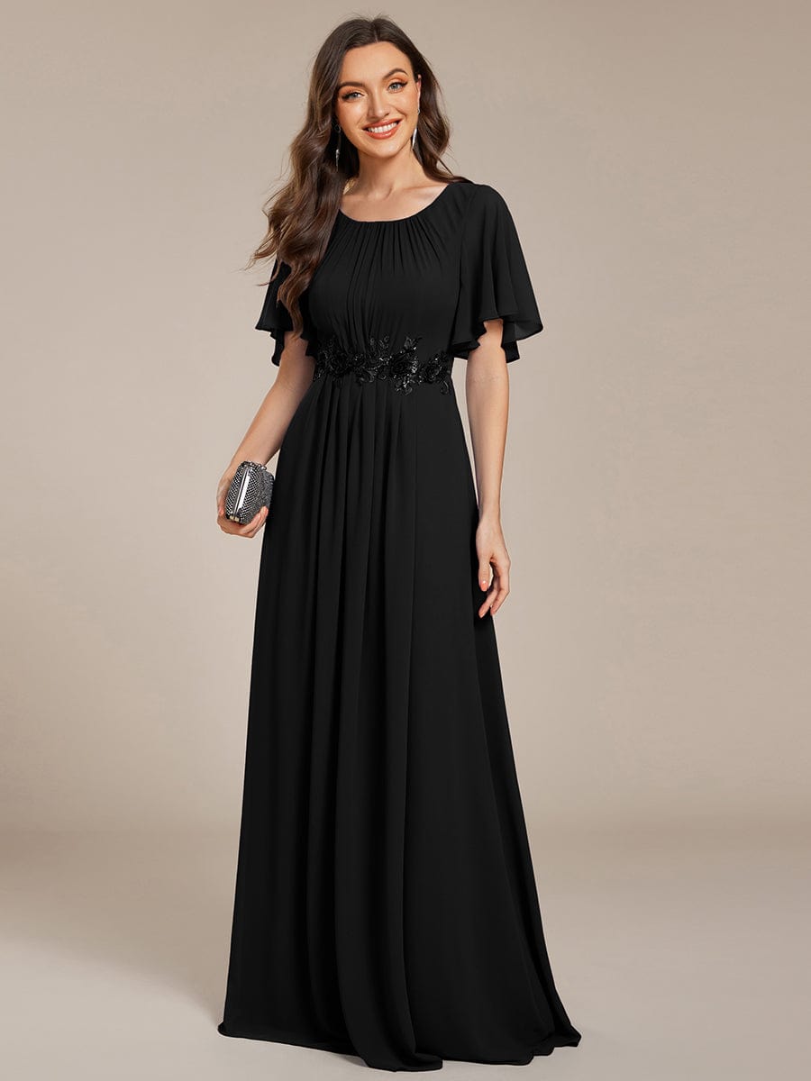Short Sleeve Pleated Applique A-Line Floor-Length Formal Evening Dress #color_Black