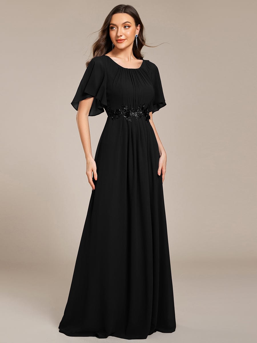Short Sleeve Pleated Applique A-Line Floor-Length Formal Evening Dress #color_Black