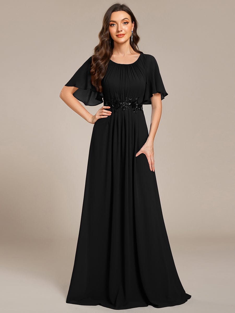 Short Sleeve Pleated Applique A-Line Floor-Length Formal Evening Dress #color_Black