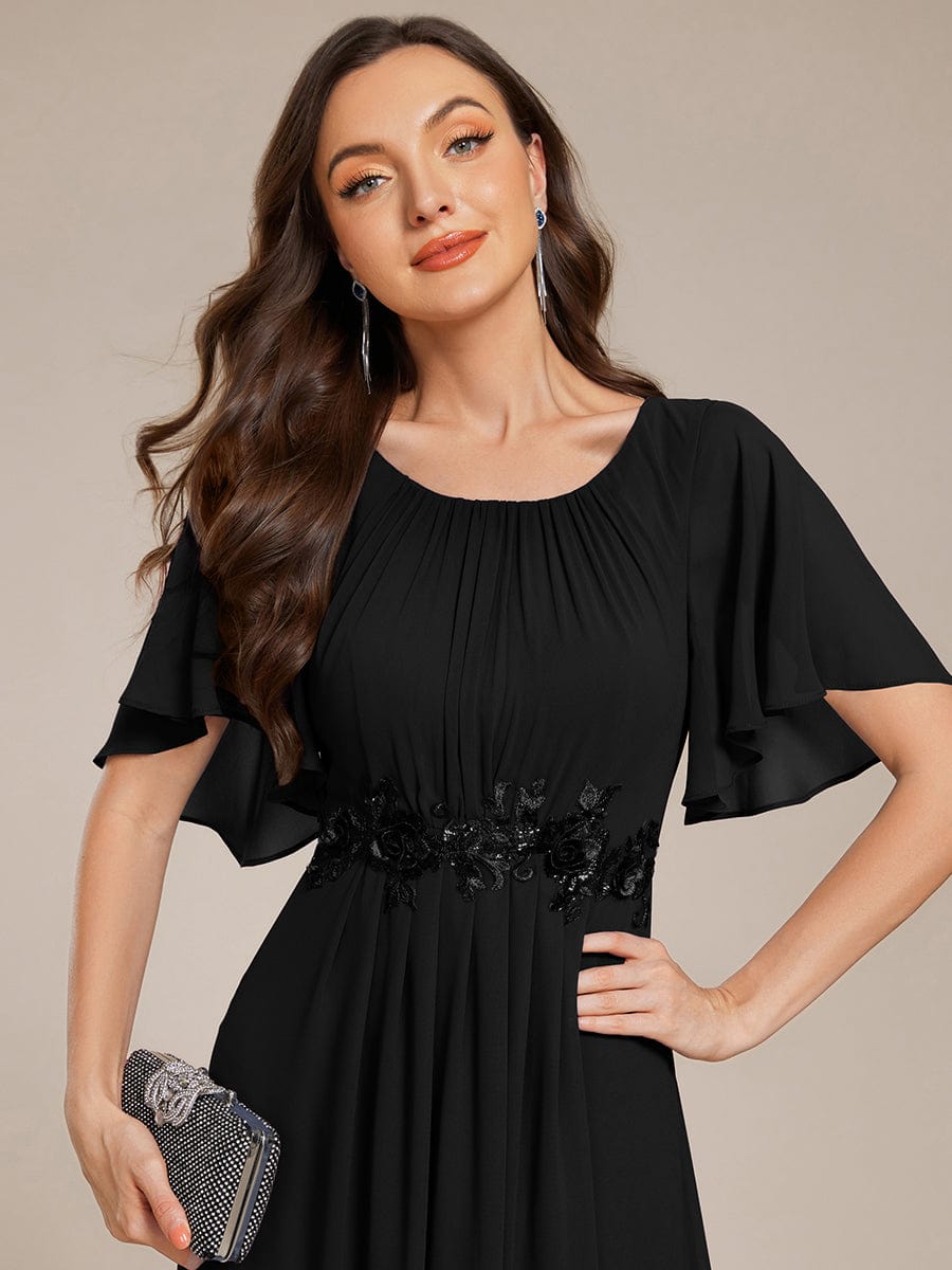 Short Sleeve Pleated Applique A-Line Floor-Length Formal Evening Dress #color_Black