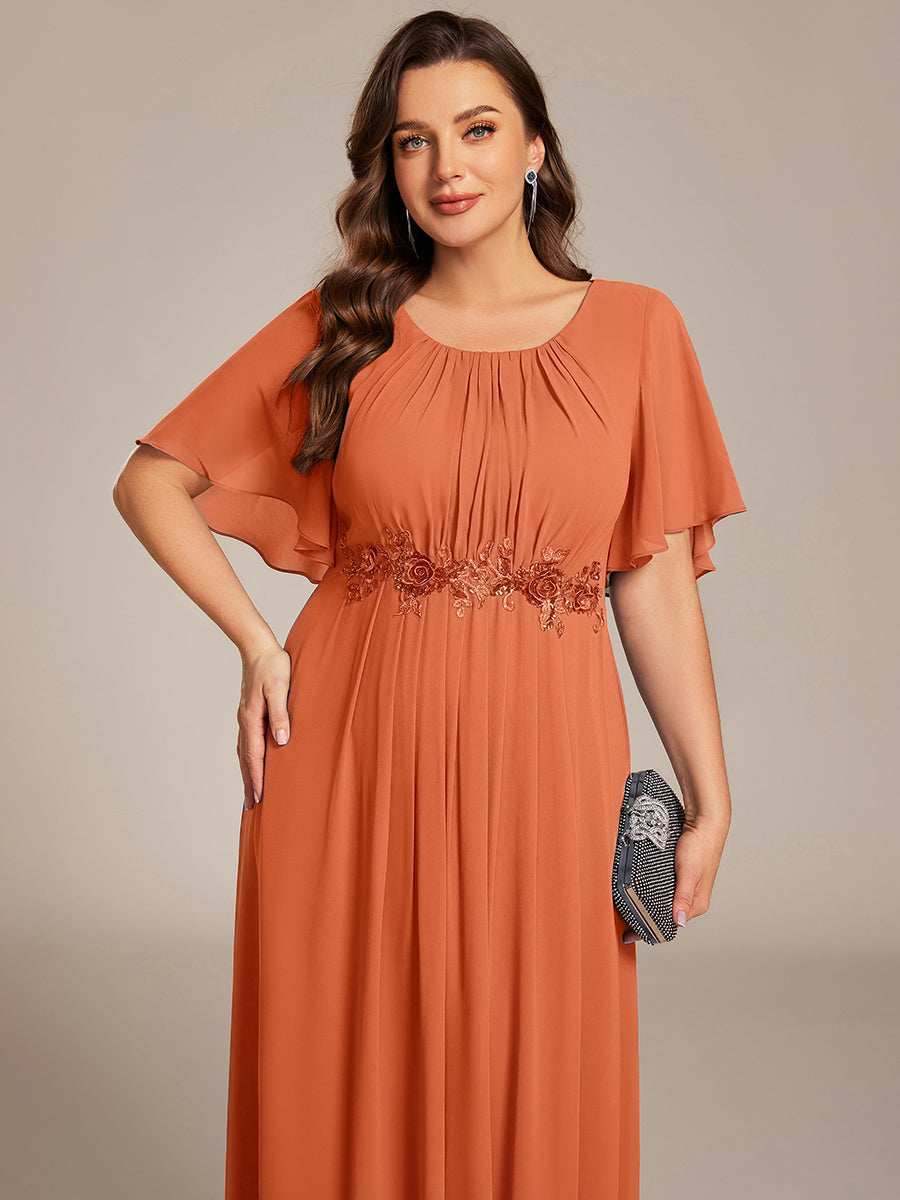 Short Sleeve Pleated Applique A-Line Floor-Length Formal Evening Dress #color_Brandied Melon