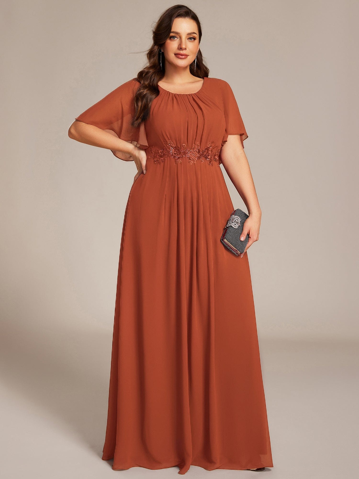 Plus Size Pleated Waist Applique Chiffon Maxi Formal Dress #color_Burnt Orange