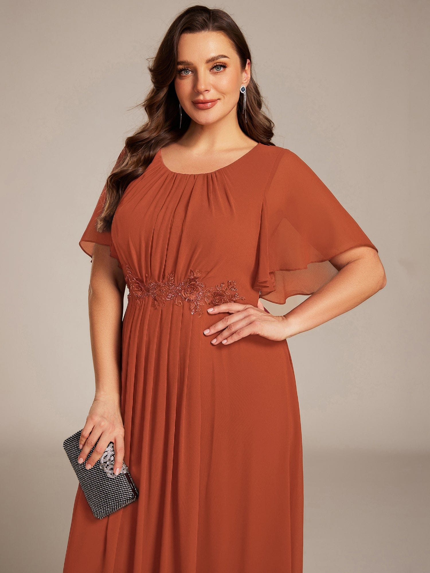 Pleated Applique Maxi Bridesmaid Dress #color_Burnt Orange
