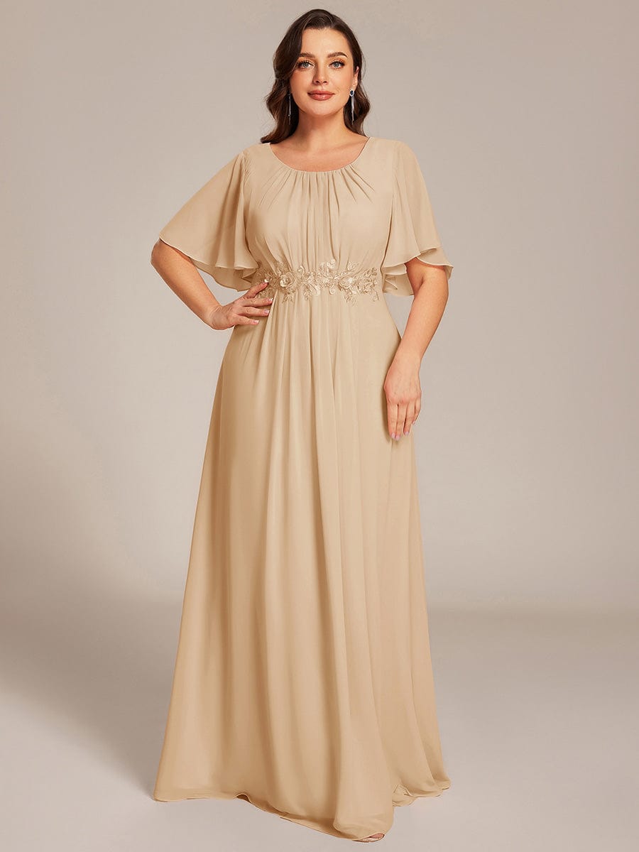 Plus Size Pleated Waist Applique Chiffon Maxi Formal Dress #color_Champagne