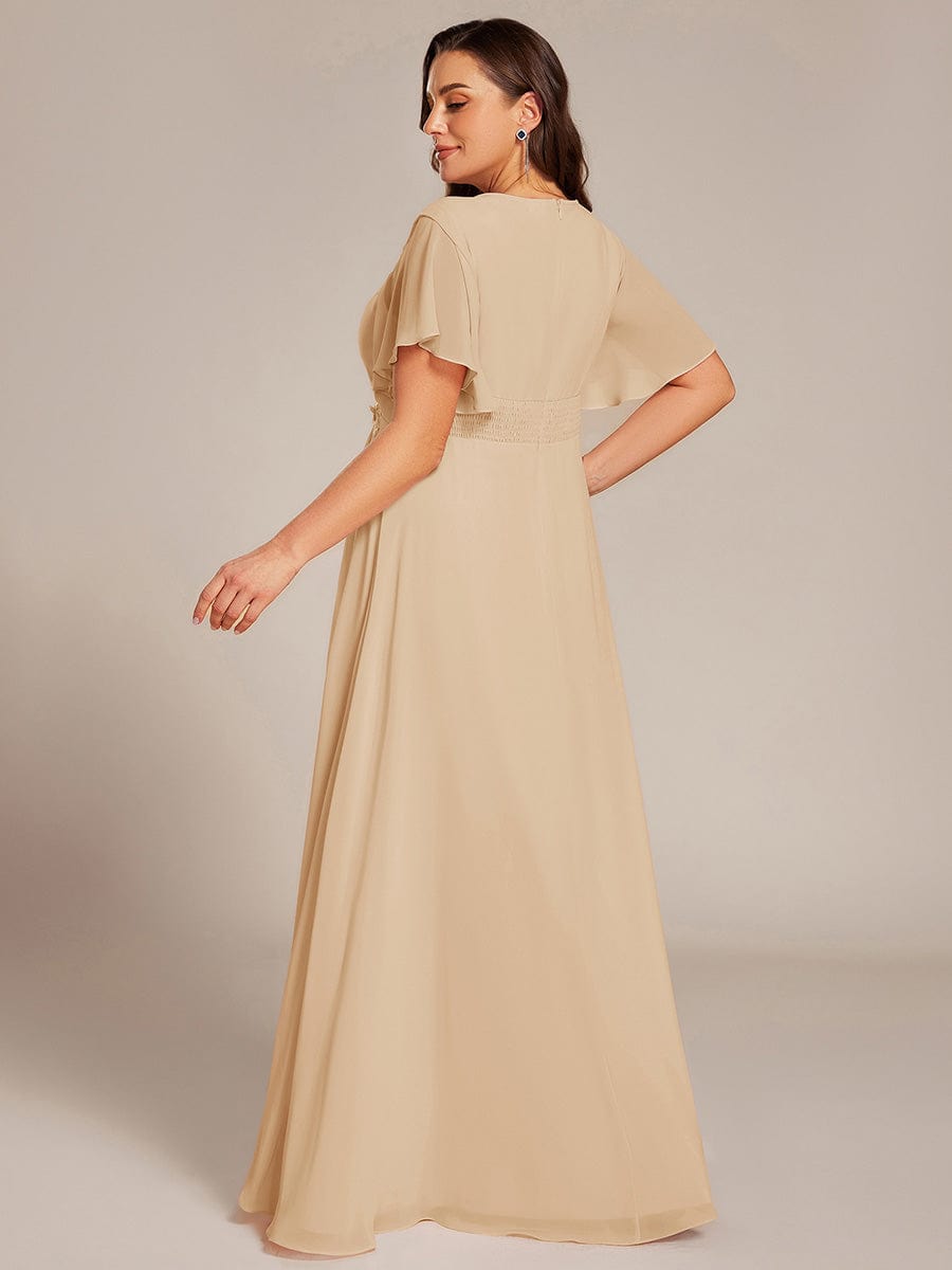 Plus Size Pleated Waist Applique Chiffon Maxi Formal Dress #color_Champagne