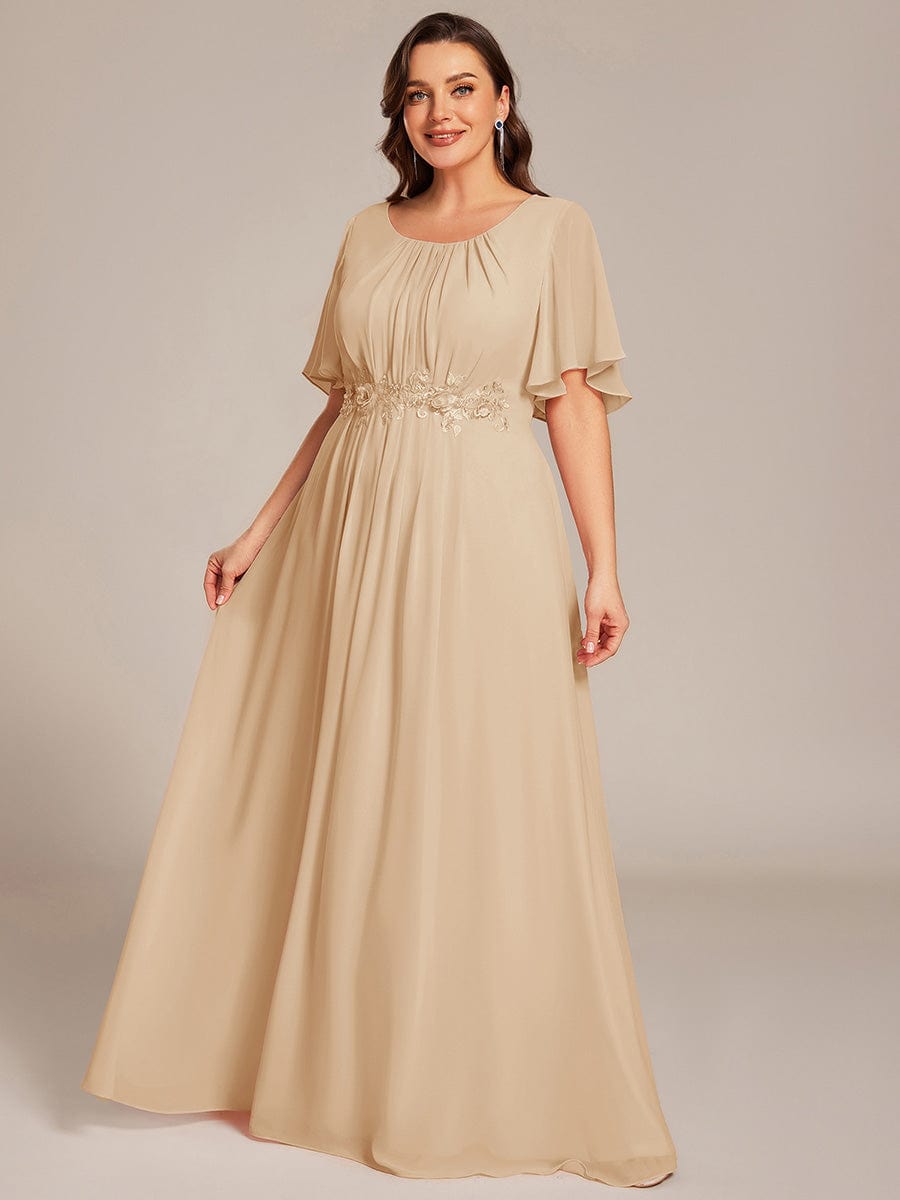 Plus Size Pleated Waist Applique Chiffon Maxi Formal Dress #color_Champagne