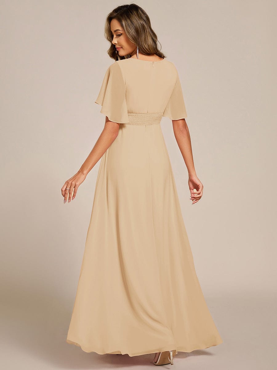 Short Sleeve Pleated Applique A-Line Floor-Length Formal Evening Dress #color_Champagne