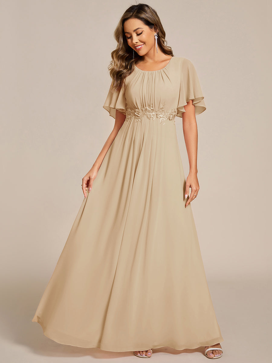 Short Sleeve Pleated Applique A-Line Floor-Length Formal Evening Dress #color_Champagne