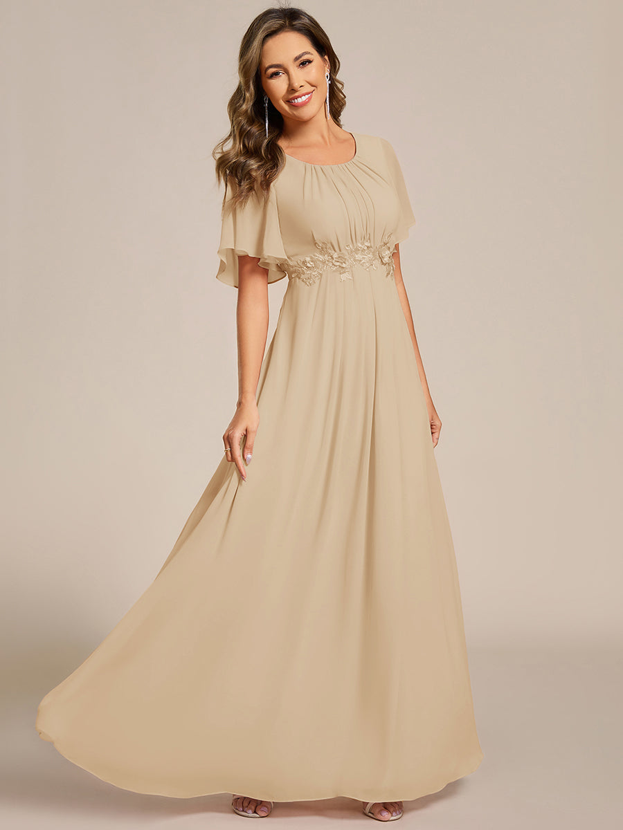 Short Sleeve Pleated Applique A-Line Floor-Length Formal Evening Dress #color_Champagne