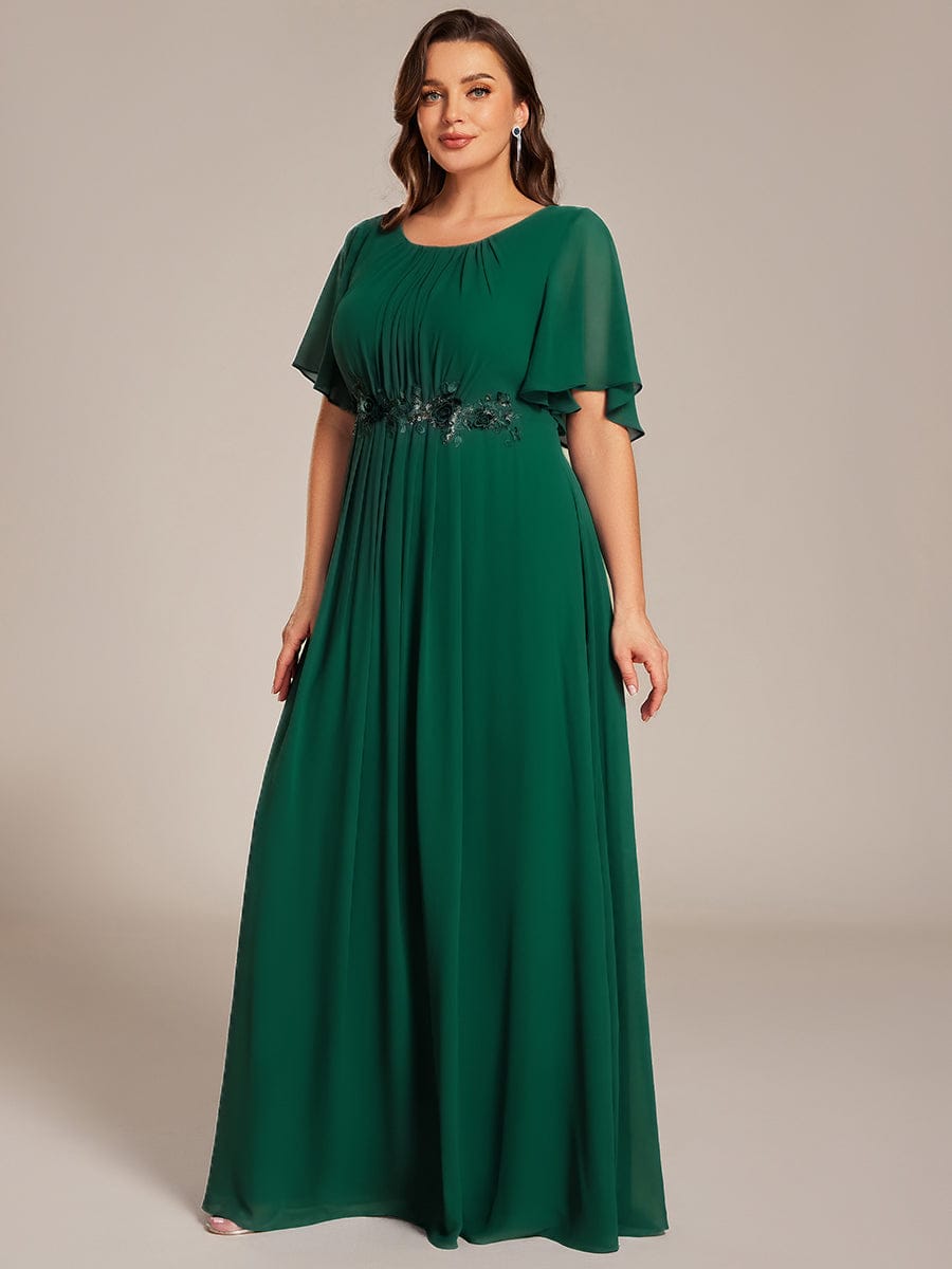 Plus Size Pleated Waist Applique Chiffon Maxi Formal Dress #color_Dark Green