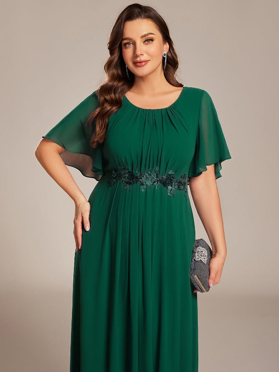 Plus Size Pleated Waist Applique Chiffon Maxi Formal Dress #color_Dark Green