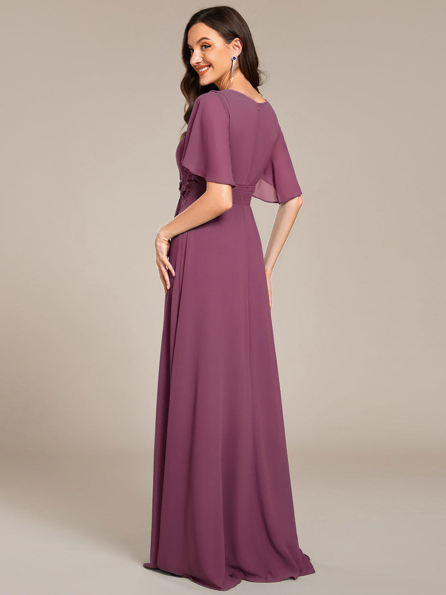 Short Sleeve Pleated Applique A-Line Floor-Length Formal Evening Dress #color_Damson
