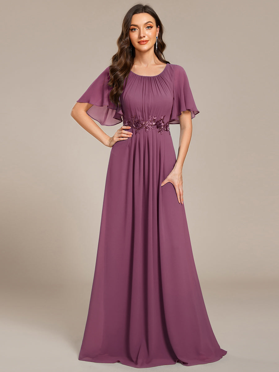 Short Sleeve Pleated Applique A-Line Floor-Length Formal Evening Dress #color_Damson