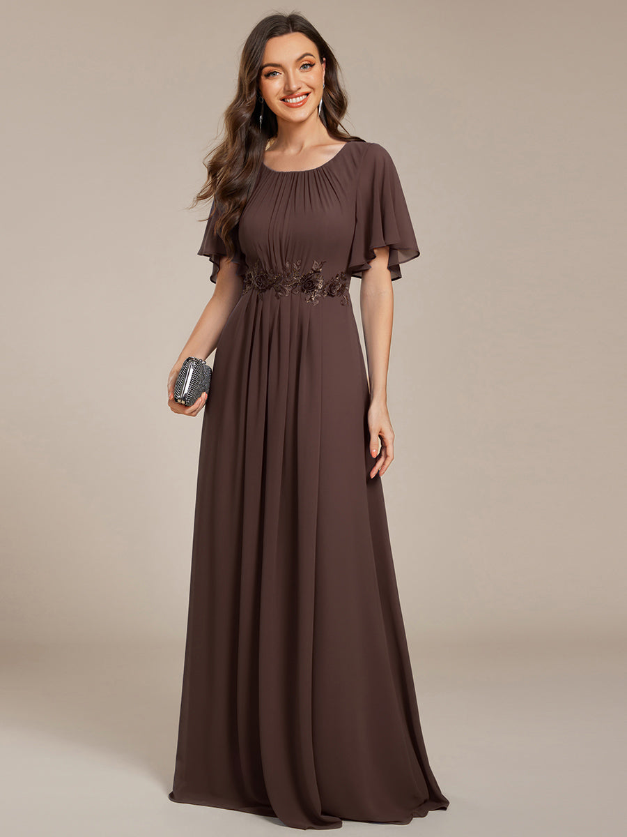 Short Sleeve Pleated Applique A-Line Floor-Length Formal Evening Dress #color_Espresso