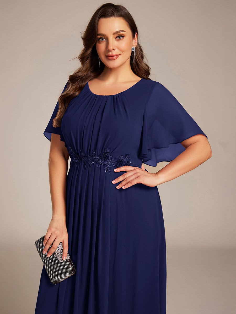 Plus Size Pleated Waist Applique Chiffon Maxi Formal Dress #color_Navy Blue