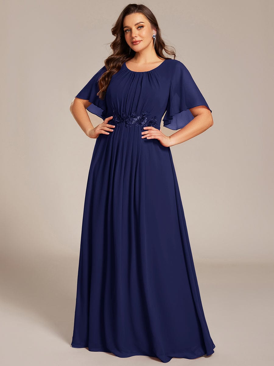 Plus Size Pleated Waist Applique Chiffon Maxi Formal Dress #color_Navy Blue