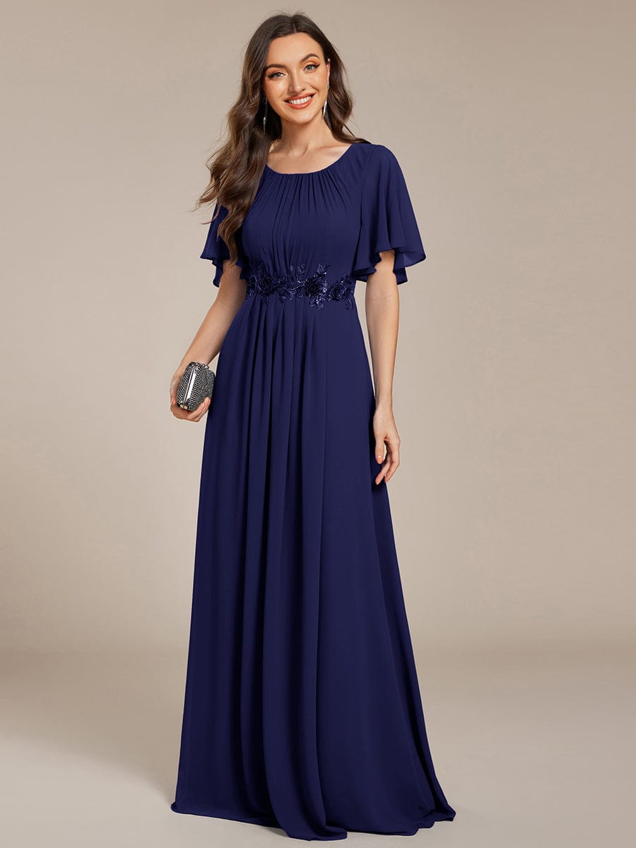 Short Sleeve Pleated Applique A-Line Floor-Length Formal Evening Dress #color_Navy Blue