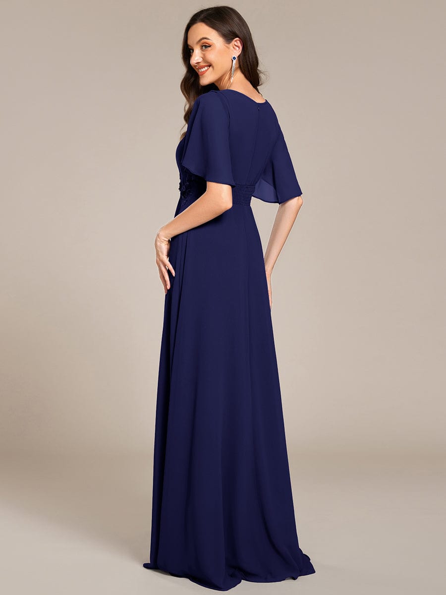Short Sleeve Pleated Applique A-Line Floor-Length Formal Evening Dress #color_Navy Blue