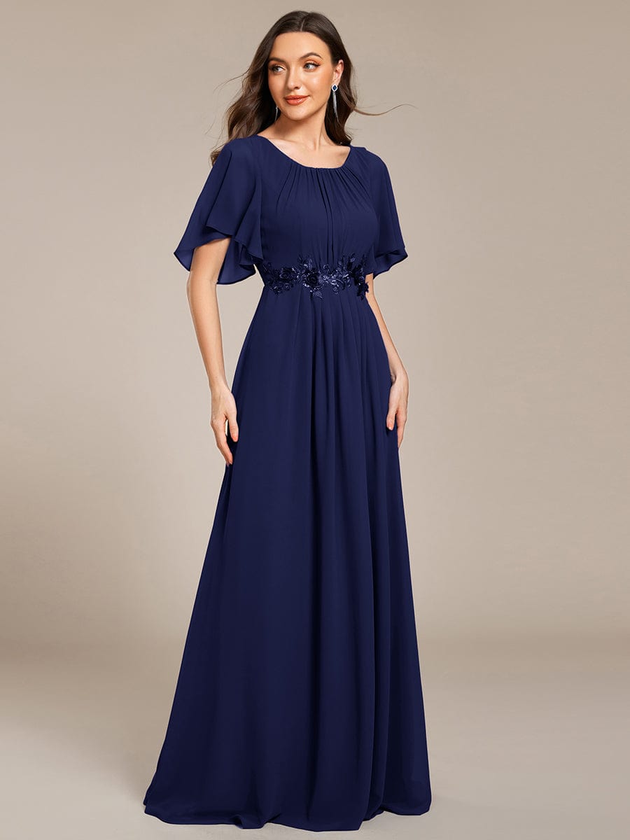 Short Sleeve Pleated Applique A-Line Floor-Length Formal Evening Dress #color_Navy Blue
