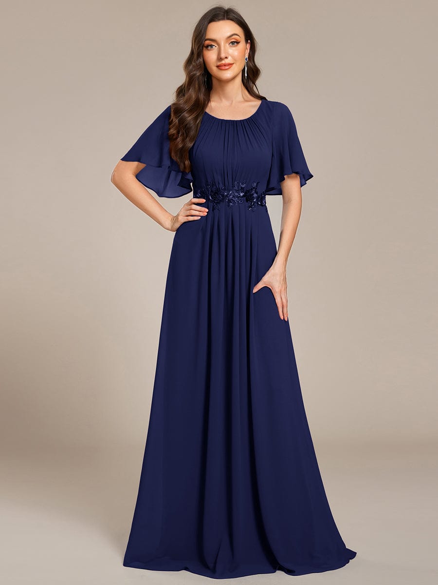 Short Sleeve Pleated Applique A-Line Floor-Length Formal Evening Dress #color_Navy Blue