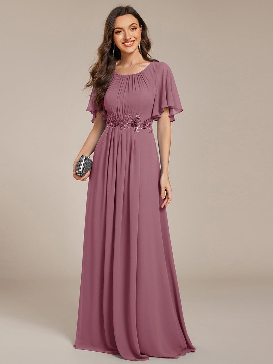 Short Sleeve Pleated Applique A-Line Floor-Length Formal Evening Dress #color_Purple Orchid